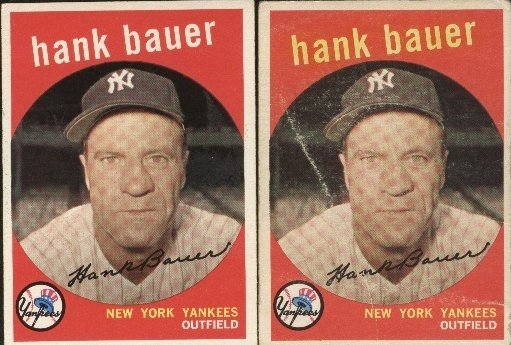 The Hank Bauer card on the left has the normal white lettering for his name, the one on the right has yellow lettering.